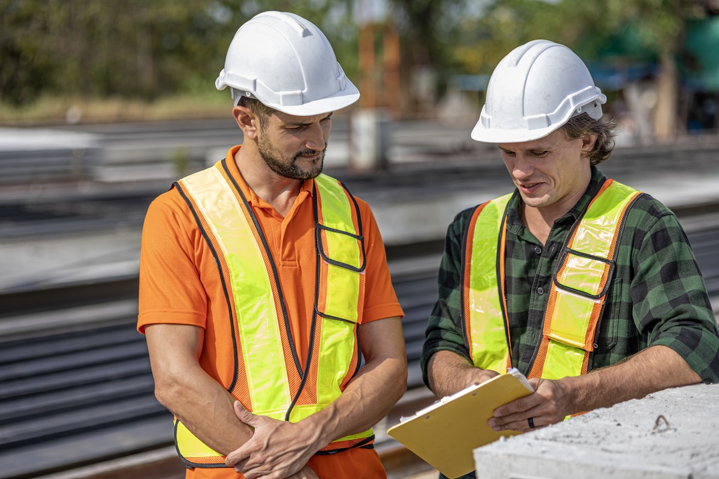Site supervisors reviewing project documentation on site