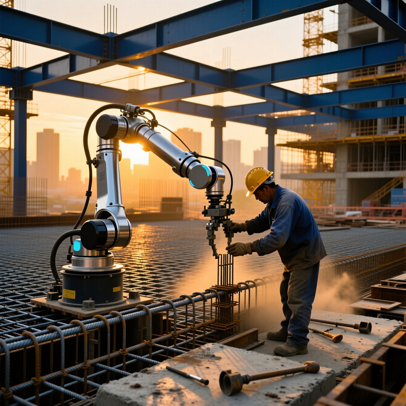 A robotic arm and a construction worker tying rebar together on site