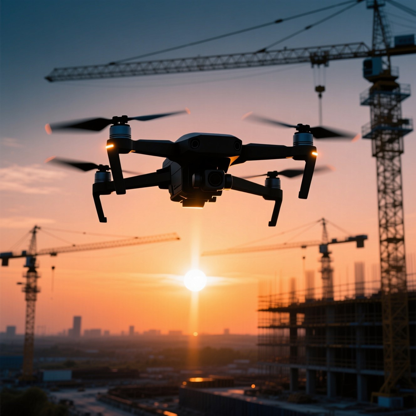 VizionGrid autonomous drone flying above a construction site at golden hour
